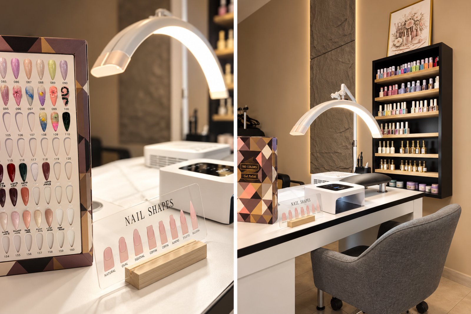 Работното място за маникюр в PA||SE Beauty Studio – палитра с цветове, форми на нокти и лампа
